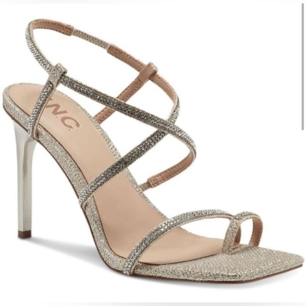 New in Box I.N.C Gold crystal shimmer high heeled sandal, size 8